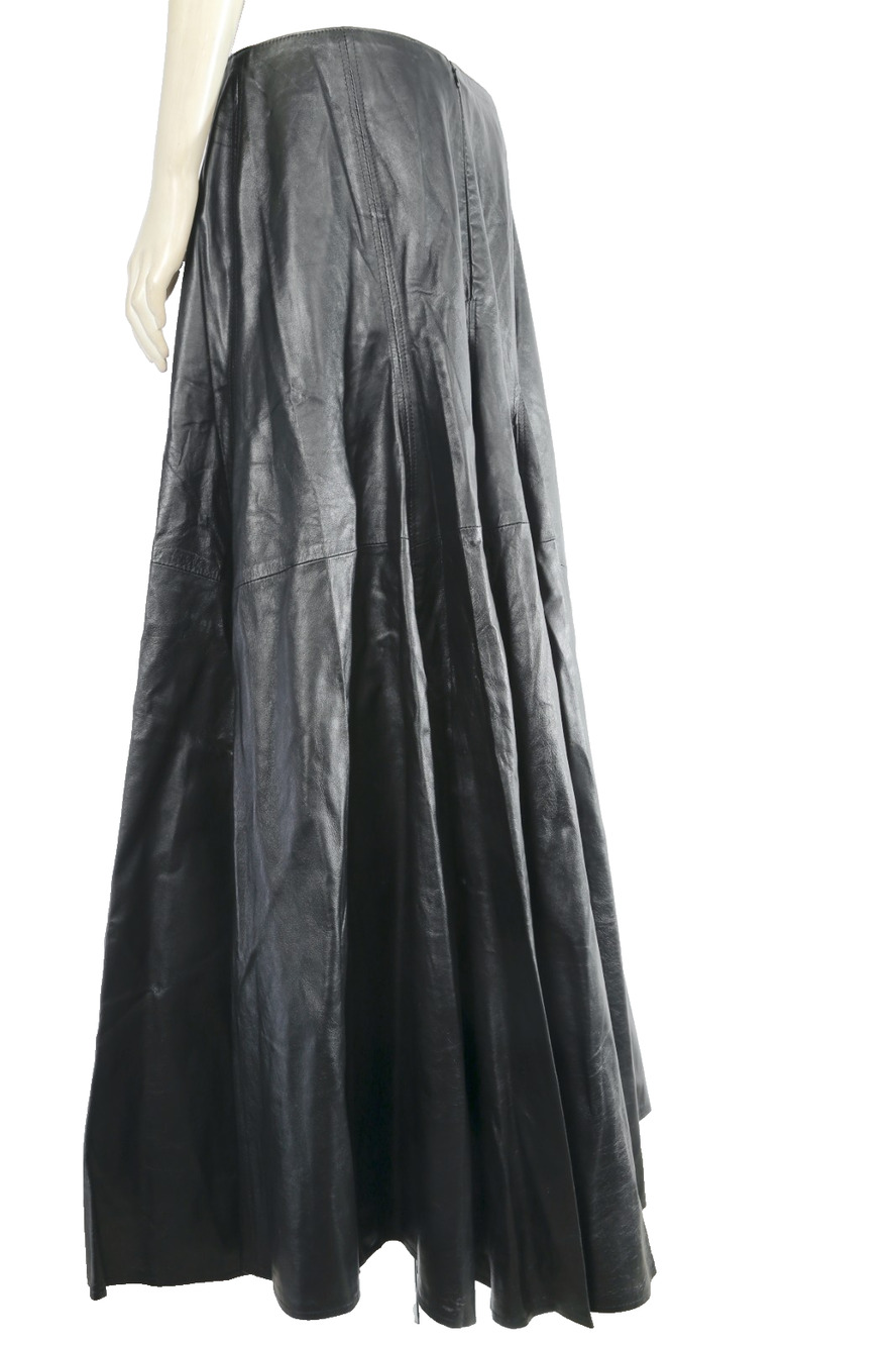 Vintage Black Genuine Leather Paneled Godet Flare A-Line Maxi Skirt Size M